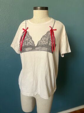 Messy Bun Just Chillin Graphic Bralette Tee with Red Ribbon Detail 100% cotton